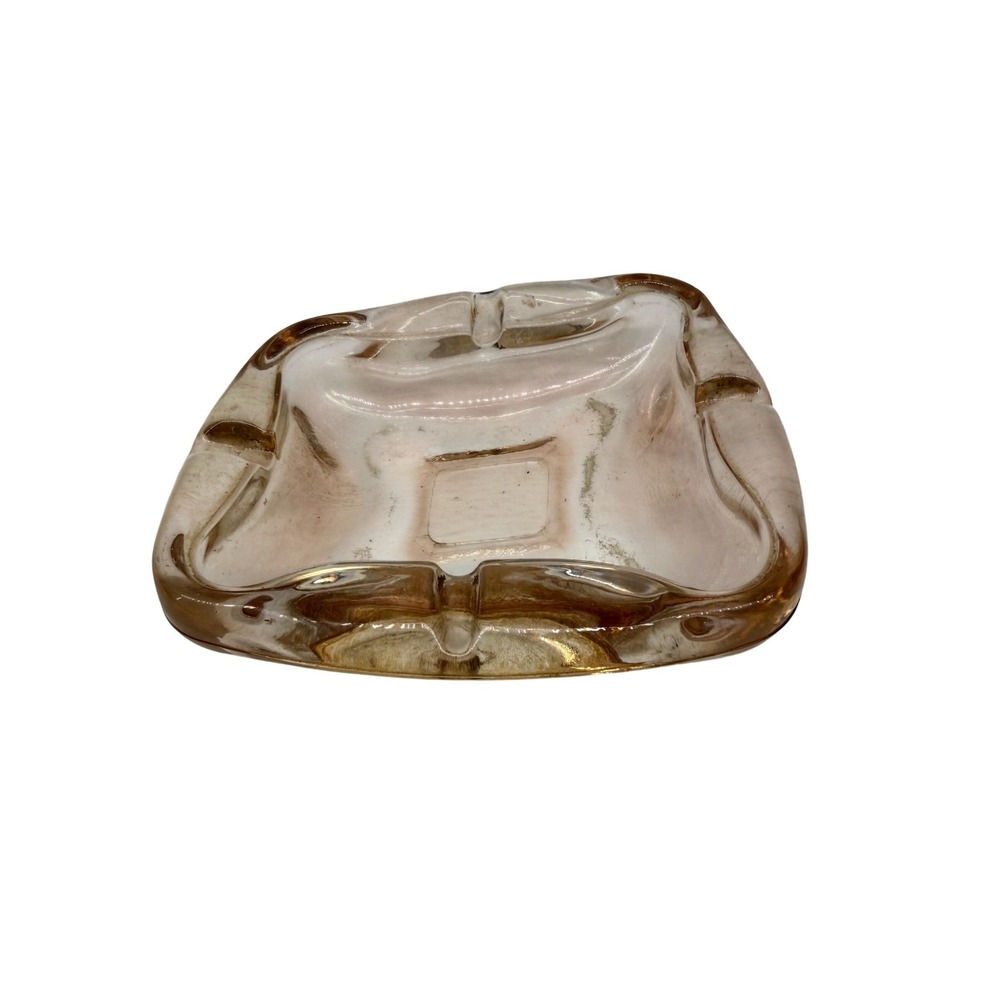 Retro Unbranded Art Glass Ashtray Vintage Pink Amber‎ Iridescent MCM Square 6in